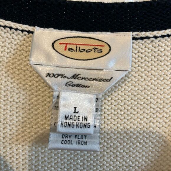 Talbots Cable Knit Cream & Black Cotton  Button Down Cardigan Sweater Large - Picture 4 of 9